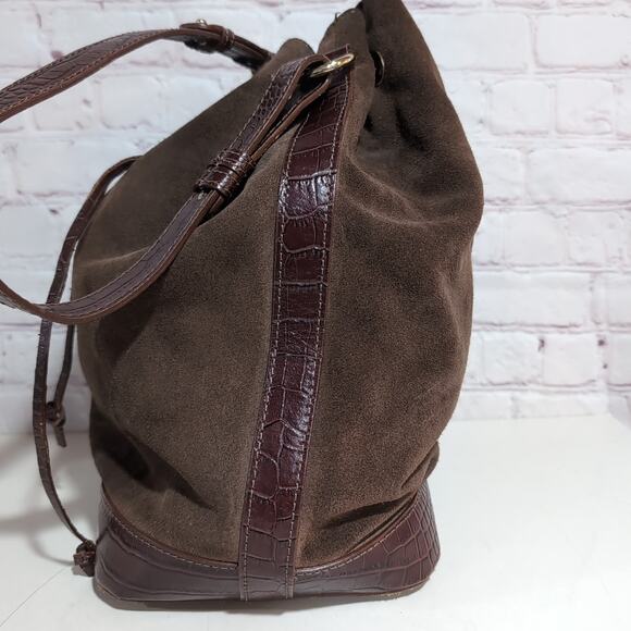 Isadora Brown Suede Fango Suede Leather Large Bucket Bag Italy Made - Picture 5 of 10